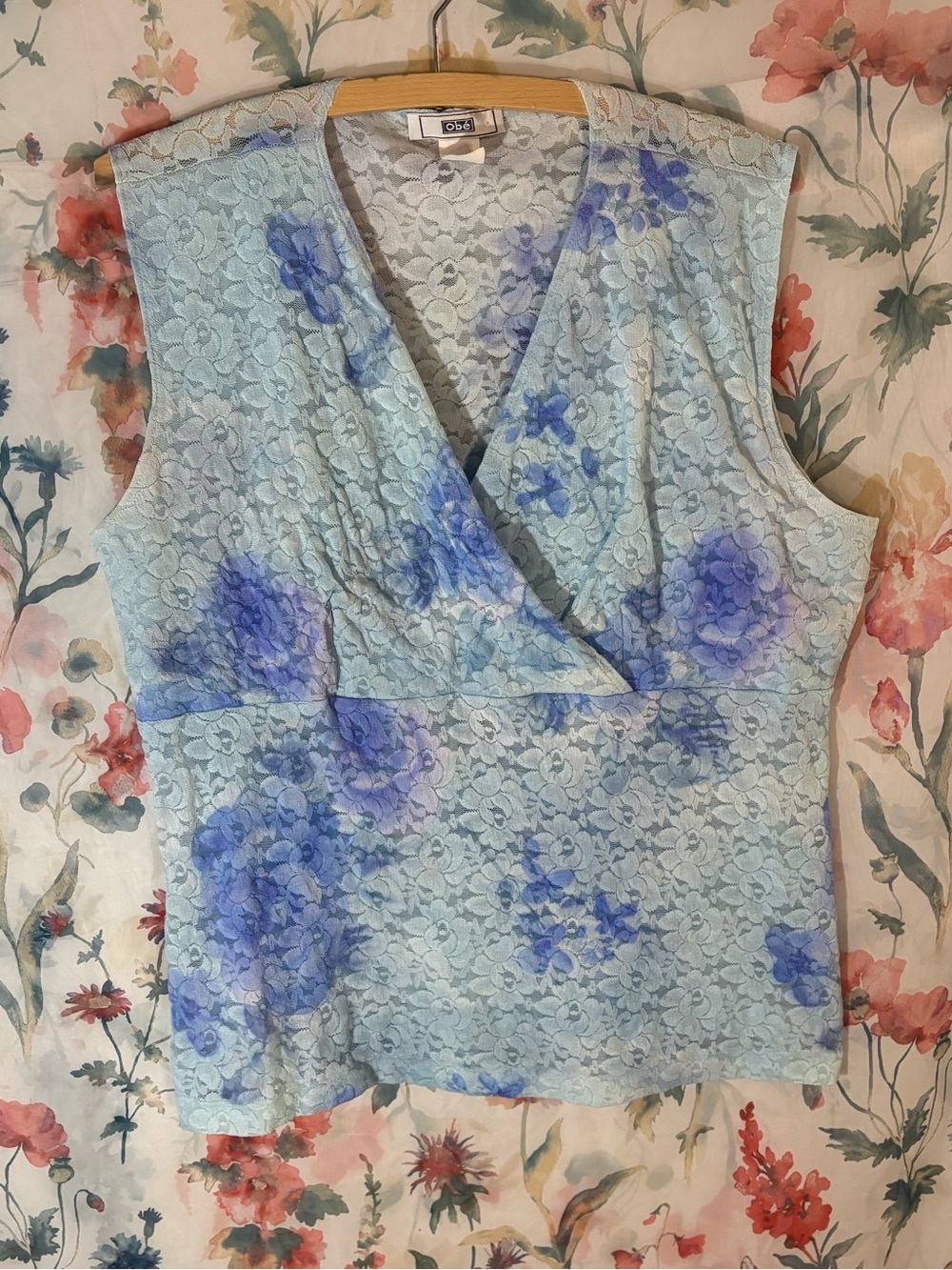 Vintage Light Blue Lace Sleeveless Wrap-Front Top - Blue Floral